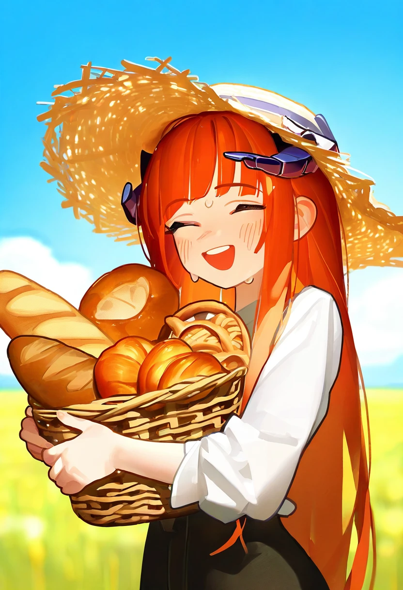 tianliang duohe fangdongye, - 1girl,bagpipe \(arknights\),arknights,baguette,blush,bread,croissant,holding basket,pretzel,upper body,straw hat,field,sky,laughing,sweat,sunlight,