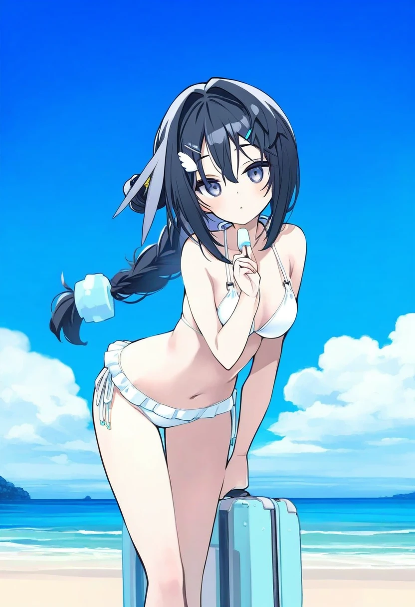 [[kedama milk],ishiyumi,[tianliang duohe fangdongye],poco\(asahi age\),mochizuki kei], - 1girl,la pluma \(summer flowers\) \(arknights\),arknights,white bikini,outdoors,navel,day,sky,blue sky,beach,suitcase,looking at viewer,ocean,low-tied long hair,leaning forward,standing,holding,frills,hand up,bare shoulders,floating hair,