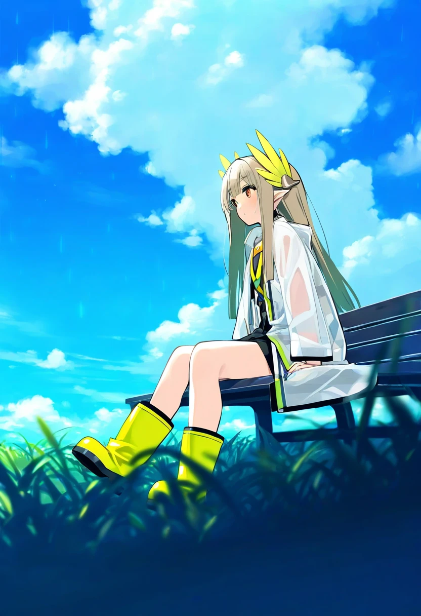 [[kedama milk],ishiyumi,[tianliang duohe fangdongye],poco\(asahi age\),mochizuki kei], - 1girl,muelsyse \(arknights\),arknights,cloudy sky,grass,on bench,outdoors,rain,road,yellow rubber boots,see-through coat,sitting,transparent raincoat,water drop,