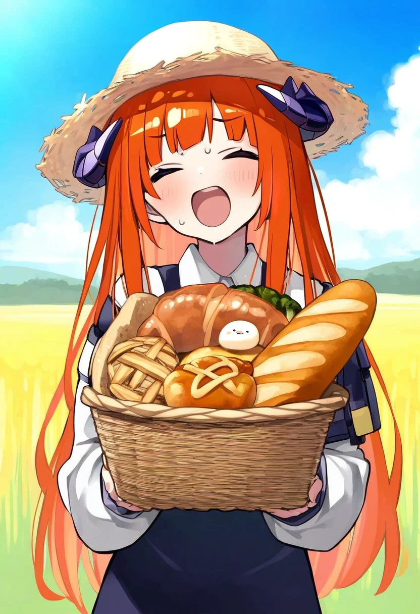 [[kedama milk],ishiyumi,[tianliang duohe fangdongye],poco\(asahi age\),mochizuki kei], - 1girl,bagpipe \(arknights\),arknights,baguette,blush,bread,croissant,holding basket,pretzel,upper body,straw hat,field,sky,laughing,sweat,sunlight,