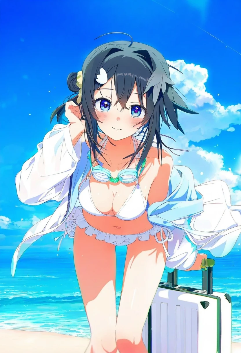 ((ogipote,bm tol)),[[yoneyama mai,ciloranko,blue-senpai,aikome \(haikome\)]], - 1girl,la pluma \(summer flowers\) \(arknights\),arknights,white bikini,outdoors,navel,day,sky,blue sky,beach,suitcase,looking at viewer,ocean,low-tied long hair,leaning forward,standing,holding,frills,hand up,bare shoulders,floating hair,