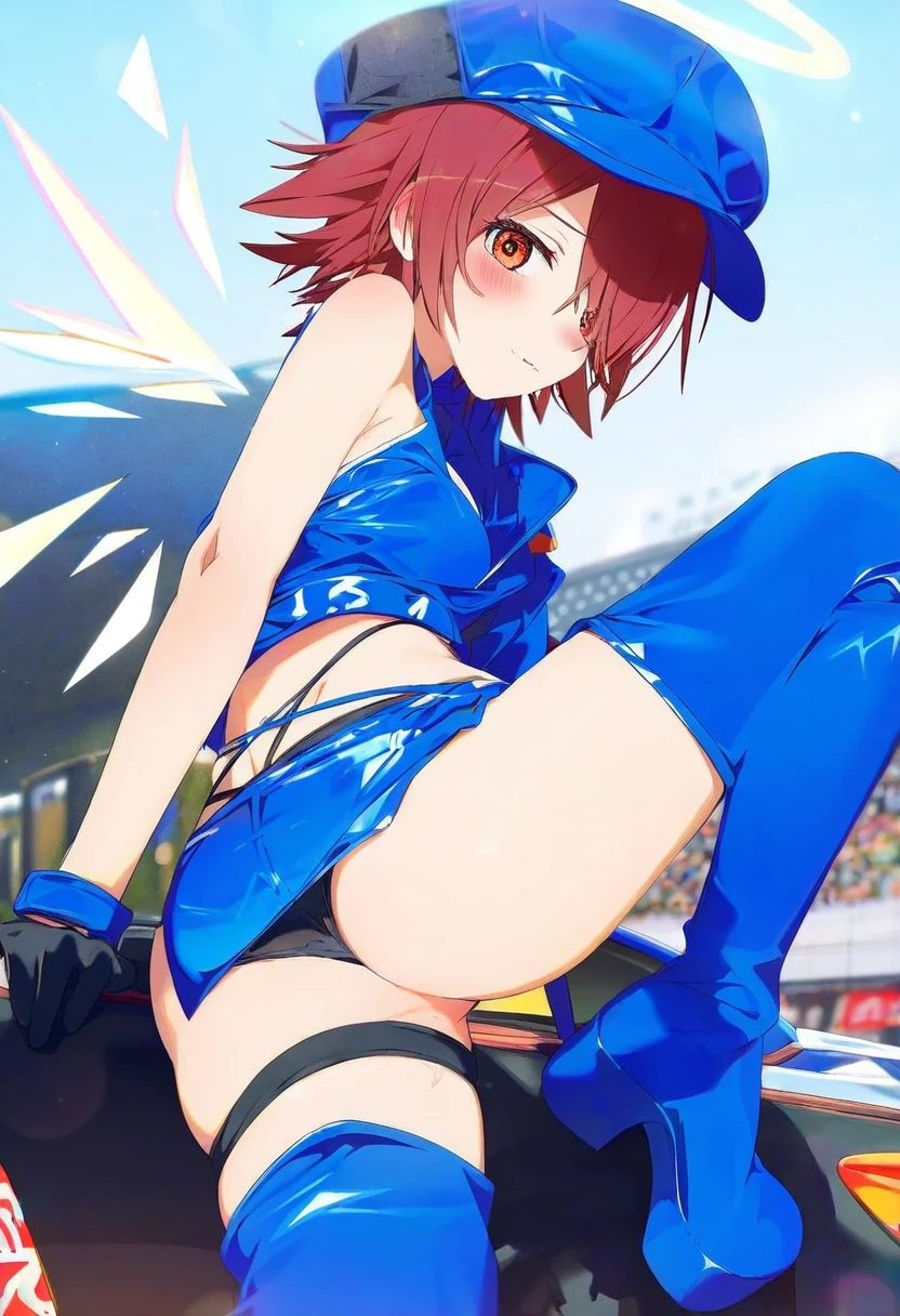 ((ogipote,bm tol)),[[yoneyama mai,ciloranko,blue-senpai,aikome \(haikome\)]], - 1girl,exusiai \(arknights\),arknights,black gloves,black panties,blue thigh boots,blue hat,blue jacket,long sleeves,race queen,thigh strap,thong,single bare shoulder,skindentation,tire,