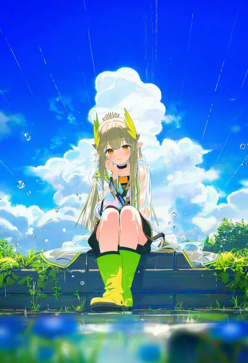 ((ogipote,bm tol)),[[yoneyama mai,ciloranko,blue-senpai,aikome \(haikome\)]], - 1girl,muelsyse \(arknights\),arknights,cloudy sky,grass,on bench,outdoors,rain,road,yellow rubber boots,see-through coat,sitting,transparent raincoat,water drop,