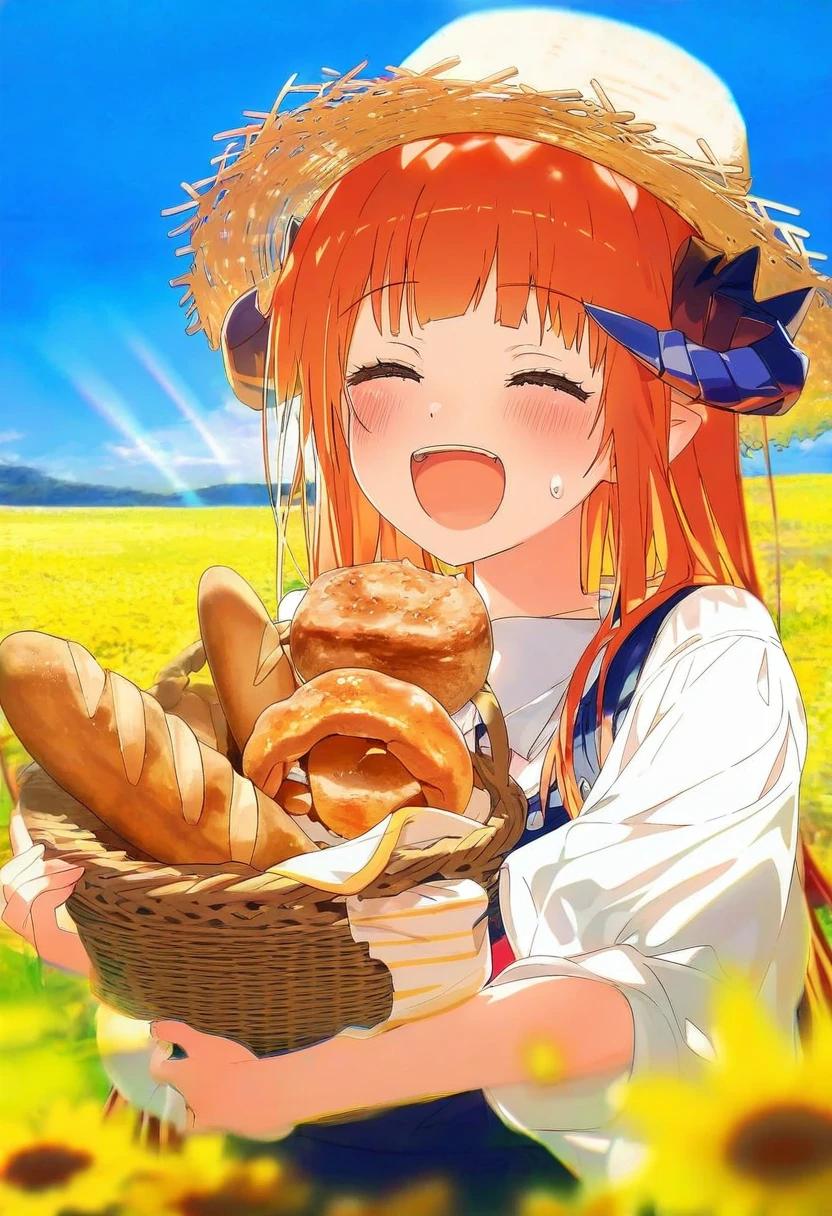 ((ogipote,bm tol)),[[yoneyama mai,ciloranko,blue-senpai,aikome \(haikome\)]], - 1girl,bagpipe \(arknights\),arknights,baguette,blush,bread,croissant,holding basket,pretzel,upper body,straw hat,field,sky,laughing,sweat,sunlight,