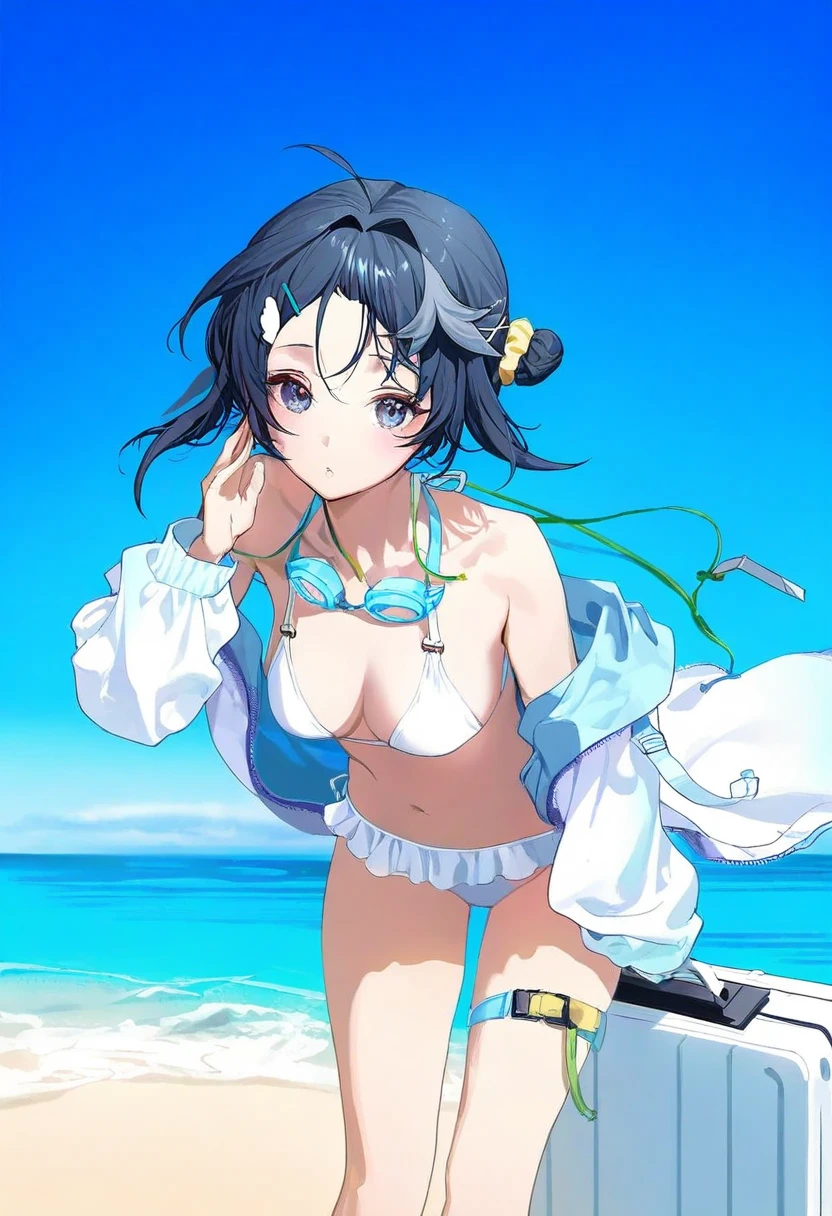 [[ttosom]],[shisantian],zuizi,[dino \(dinoartforame\),[fajyobore]],kaneko \(bblogtinhan\),xiujia yihuizi, - 1girl,la pluma \(summer flowers\) \(arknights\),arknights,white bikini,outdoors,navel,day,sky,blue sky,beach,suitcase,looking at viewer,ocean,low-tied long hair,leaning forward,standing,holding,frills,hand up,bare shoulders,floating hair,