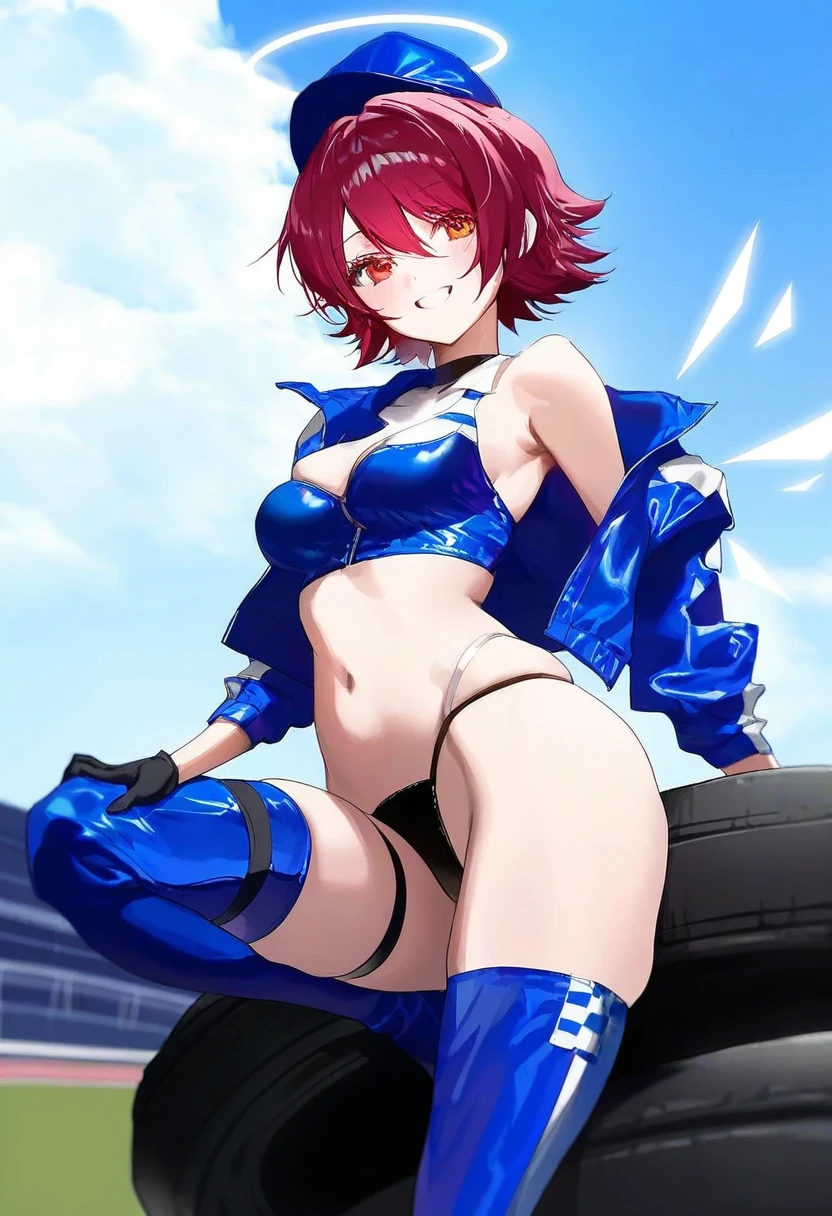 [[ttosom]],[shisantian],zuizi,[dino \(dinoartforame\),[fajyobore]],kaneko \(bblogtinhan\),xiujia yihuizi, - 1girl,exusiai \(arknights\),arknights,black gloves,black panties,blue thigh boots,blue hat,blue jacket,long sleeves,race queen,thigh strap,thong,single bare shoulder,skindentation,tire,