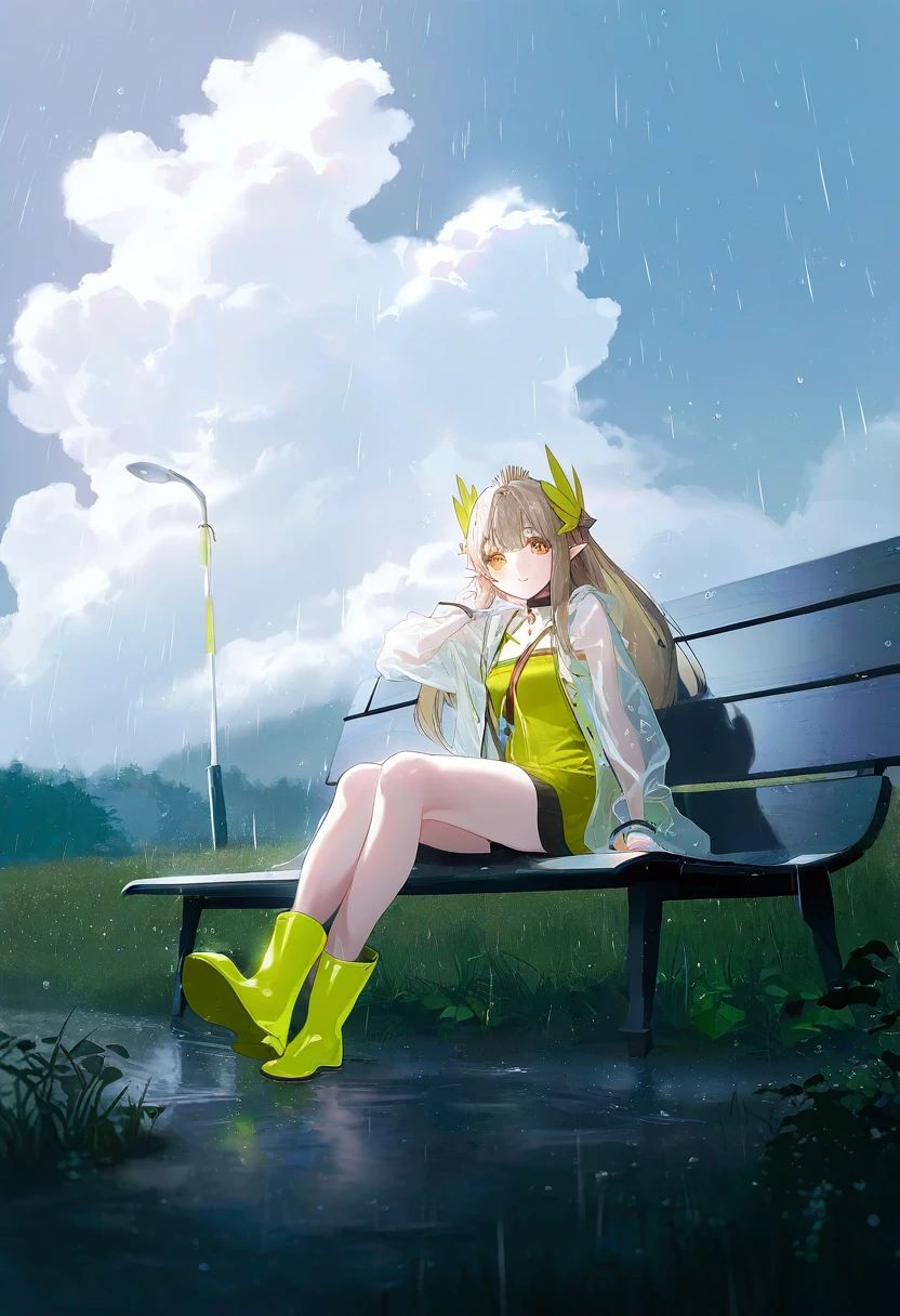 [[ttosom]],[shisantian],zuizi,[dino \(dinoartforame\),[fajyobore]],kaneko \(bblogtinhan\),xiujia yihuizi, - 1girl,muelsyse \(arknights\),arknights,cloudy sky,grass,on bench,outdoors,rain,road,yellow rubber boots,see-through coat,sitting,transparent raincoat,water drop,