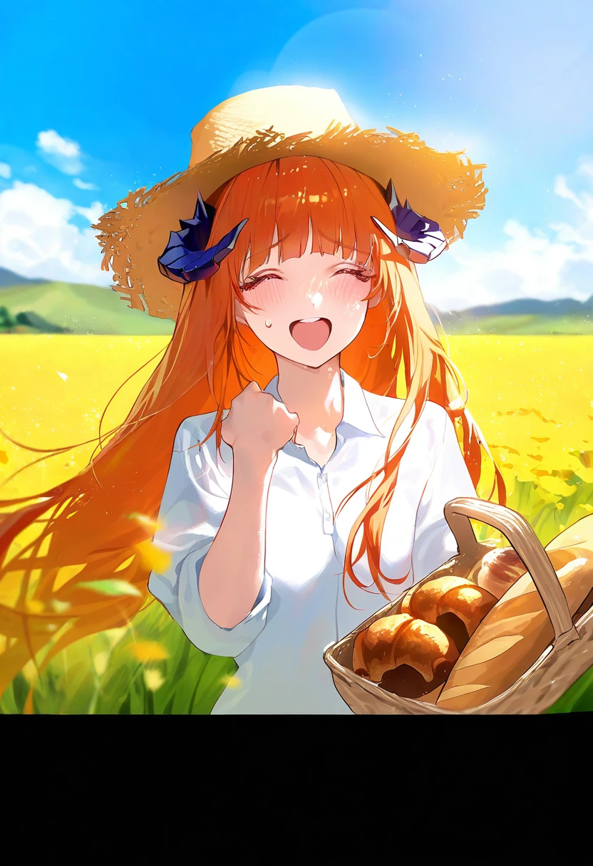 [[ttosom]],[shisantian],zuizi,[dino \(dinoartforame\),[fajyobore]],kaneko \(bblogtinhan\),xiujia yihuizi, - 1girl,bagpipe \(arknights\),arknights,baguette,blush,bread,croissant,holding basket,pretzel,upper body,straw hat,field,sky,laughing,sweat,sunlight,