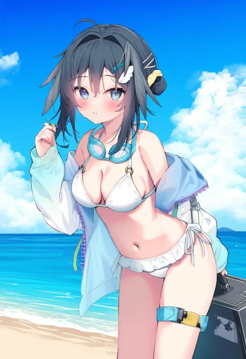 [eip \(pepai\)],[rukako],[[[memmo]]],[[[[[hoshi \(snacherubi\)]]]]],[[[[[nibiiro shizuka]]]]], - 1girl,la pluma \(summer flowers\) \(arknights\),arknights,white bikini,outdoors,navel,day,sky,blue sky,beach,suitcase,looking at viewer,ocean,low-tied long hair,leaning forward,standing,holding,frills,hand up,bare shoulders,floating hair,