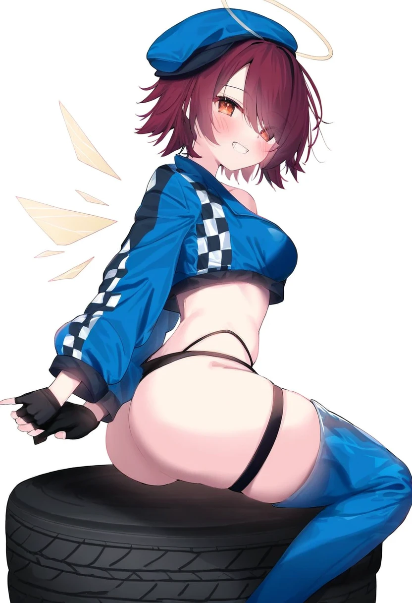 [eip \(pepai\)],[rukako],[[[memmo]]],[[[[[hoshi \(snacherubi\)]]]]],[[[[[nibiiro shizuka]]]]], - 1girl,exusiai \(arknights\),arknights,black gloves,black panties,blue thigh boots,blue hat,blue jacket,long sleeves,race queen,thigh strap,thong,single bare shoulder,skindentation,tire,