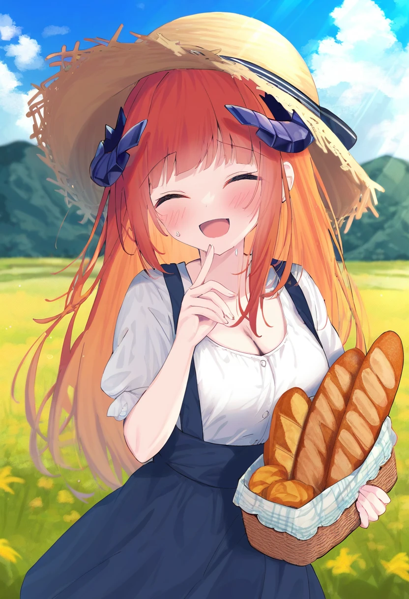 [eip \(pepai\)],[rukako],[[[memmo]]],[[[[[hoshi \(snacherubi\)]]]]],[[[[[nibiiro shizuka]]]]], - 1girl,bagpipe \(arknights\),arknights,baguette,blush,bread,croissant,holding basket,pretzel,upper body,straw hat,field,sky,laughing,sweat,sunlight,