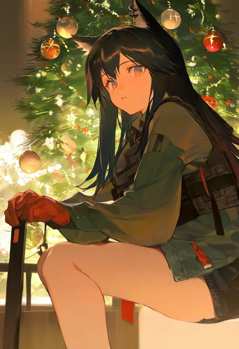 [rei \(sanbonzakura\)],sho \(sho lwlw\)], - 1girl,texas \(arknights\),arknights,underwear,tactical vest,christmas tree,christmas ornaments,