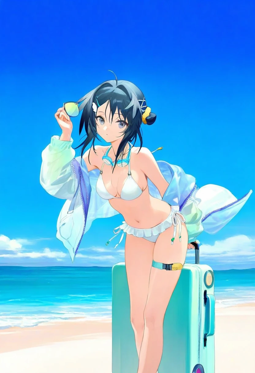 [rei \(sanbonzakura\)],sho \(sho lwlw\)], - 1girl,la pluma \(summer flowers\) \(arknights\),arknights,white bikini,outdoors,navel,day,sky,blue sky,beach,suitcase,looking at viewer,ocean,low-tied long hair,leaning forward,standing,holding,frills,hand up,bare shoulders,floating hair,