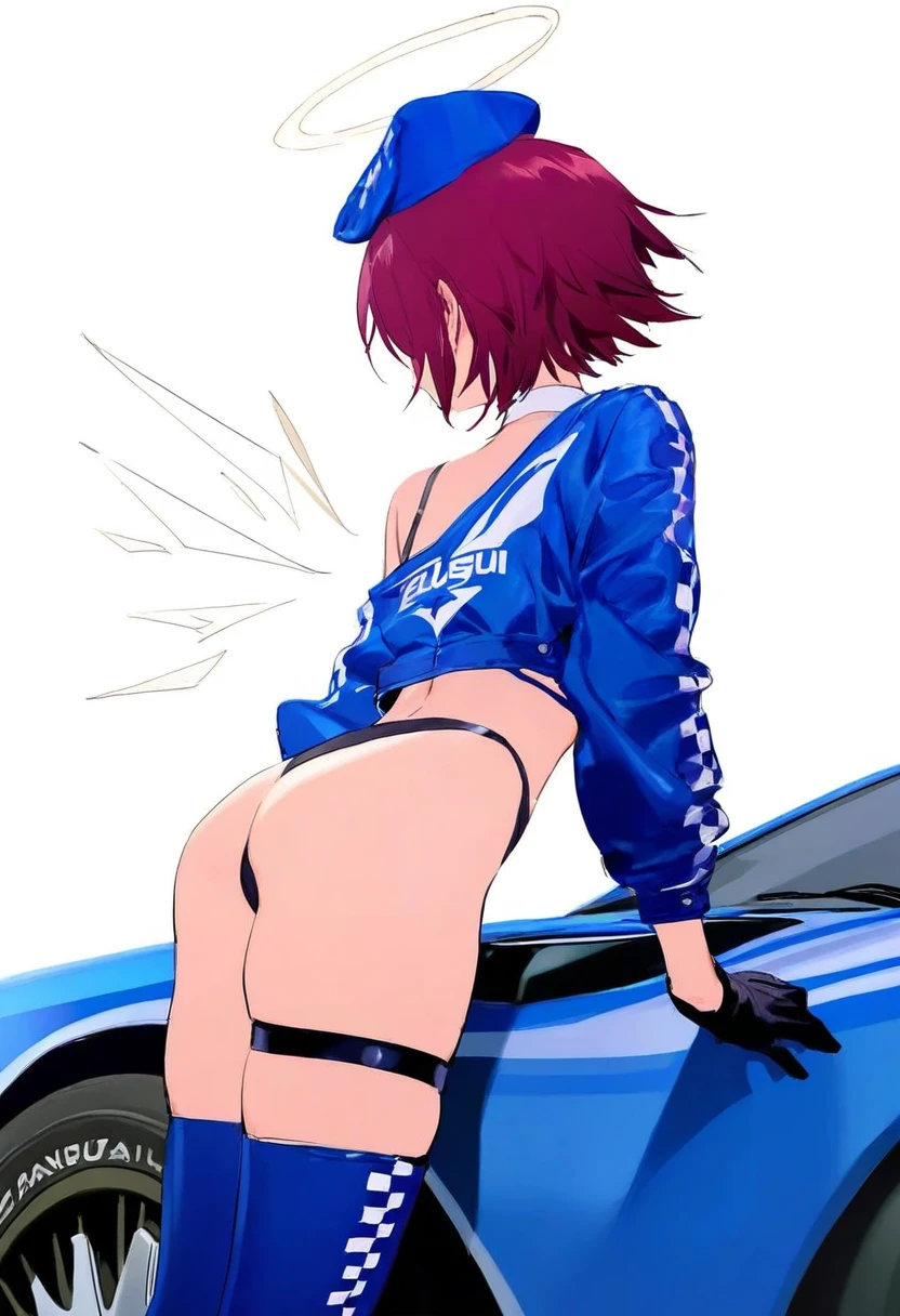 [rei \(sanbonzakura\)],sho \(sho lwlw\)], - 1girl,exusiai \(arknights\),arknights,black gloves,black panties,blue thigh boots,blue hat,blue jacket,long sleeves,race queen,thigh strap,thong,single bare shoulder,skindentation,tire,
