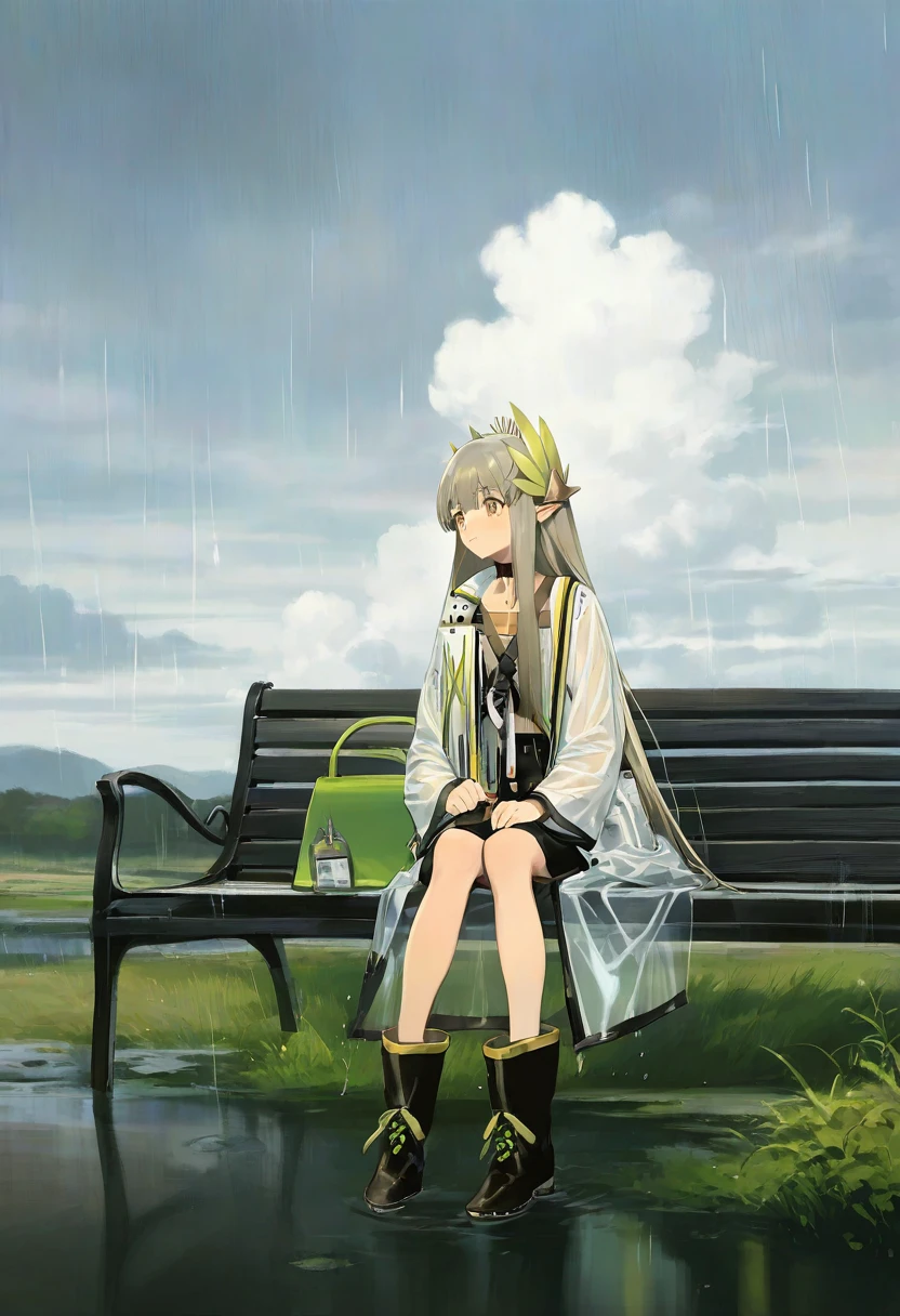 [rei \(sanbonzakura\)],sho \(sho lwlw\)], - 1girl,muelsyse \(arknights\),arknights,cloudy sky,grass,on bench,outdoors,rain,road,yellow rubber boots,see-through coat,sitting,transparent raincoat,water drop,