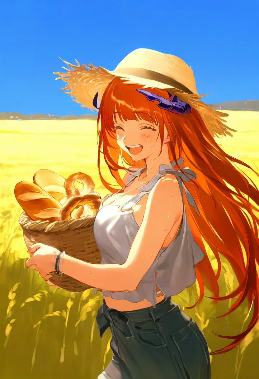 [rei \(sanbonzakura\)],sho \(sho lwlw\)], - 1girl,bagpipe \(arknights\),arknights,baguette,blush,bread,croissant,holding basket,pretzel,upper body,straw hat,field,sky,laughing,sweat,sunlight,