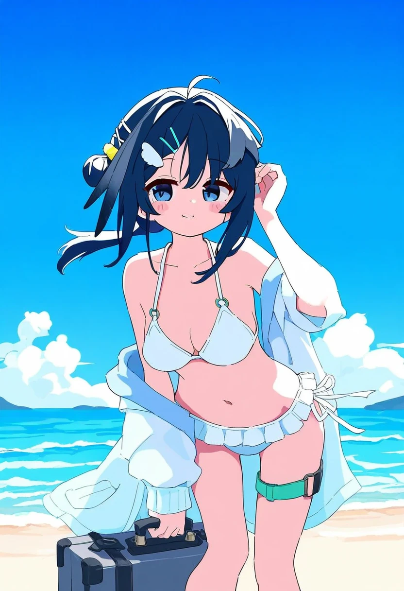 tianliang duohe fangdongye,[[[tyakomes,shinapuu]]], - 1girl,la pluma \(summer flowers\) \(arknights\),arknights,white bikini,outdoors,navel,day,sky,blue sky,beach,suitcase,looking at viewer,ocean,low-tied long hair,leaning forward,standing,holding,frills,hand up,bare shoulders,floating hair,