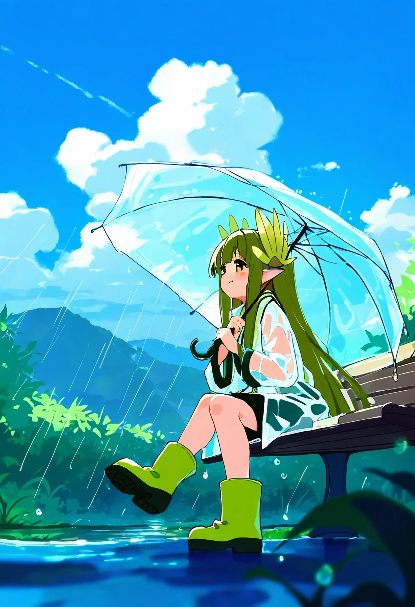 tianliang duohe fangdongye,[[[tyakomes,shinapuu]]], - 1girl,muelsyse \(arknights\),arknights,cloudy sky,grass,on bench,outdoors,rain,road,yellow rubber boots,see-through coat,sitting,transparent raincoat,water drop,