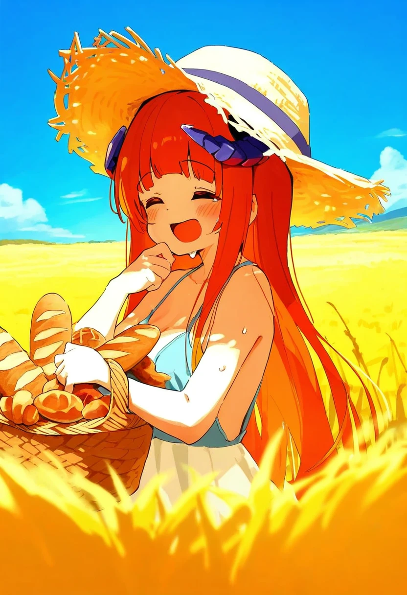 tianliang duohe fangdongye,[[[tyakomes,shinapuu]]], - 1girl,bagpipe \(arknights\),arknights,baguette,blush,bread,croissant,holding basket,pretzel,upper body,straw hat,field,sky,laughing,sweat,sunlight,