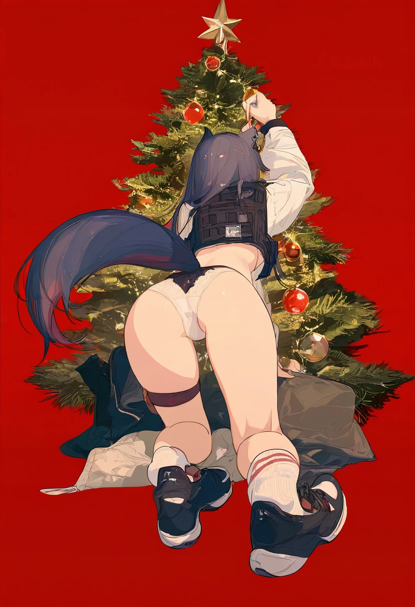 (rurudo,cogecha,ask \(askzy\)), - 1girl,texas \(arknights\),arknights,underwear,tactical vest,christmas tree,christmas ornaments,