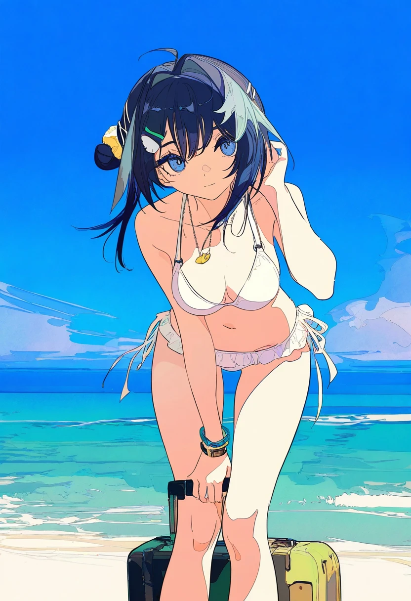 (rurudo,cogecha,ask \(askzy\)), - 1girl,la pluma \(summer flowers\) \(arknights\),arknights,white bikini,outdoors,navel,day,sky,blue sky,beach,suitcase,looking at viewer,ocean,low-tied long hair,leaning forward,standing,holding,frills,hand up,bare shoulders,floating hair,