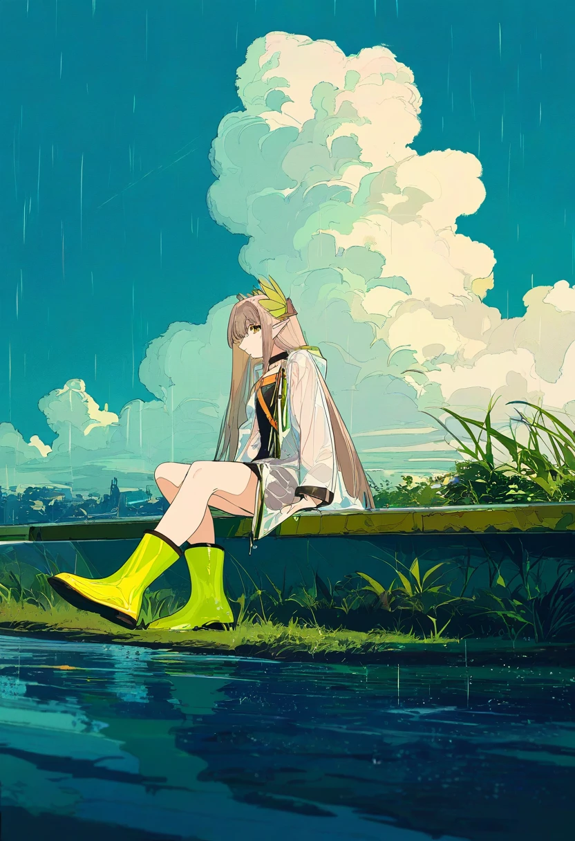 (rurudo,cogecha,ask \(askzy\)), - 1girl,muelsyse \(arknights\),arknights,cloudy sky,grass,on bench,outdoors,rain,road,yellow rubber boots,see-through coat,sitting,transparent raincoat,water drop,