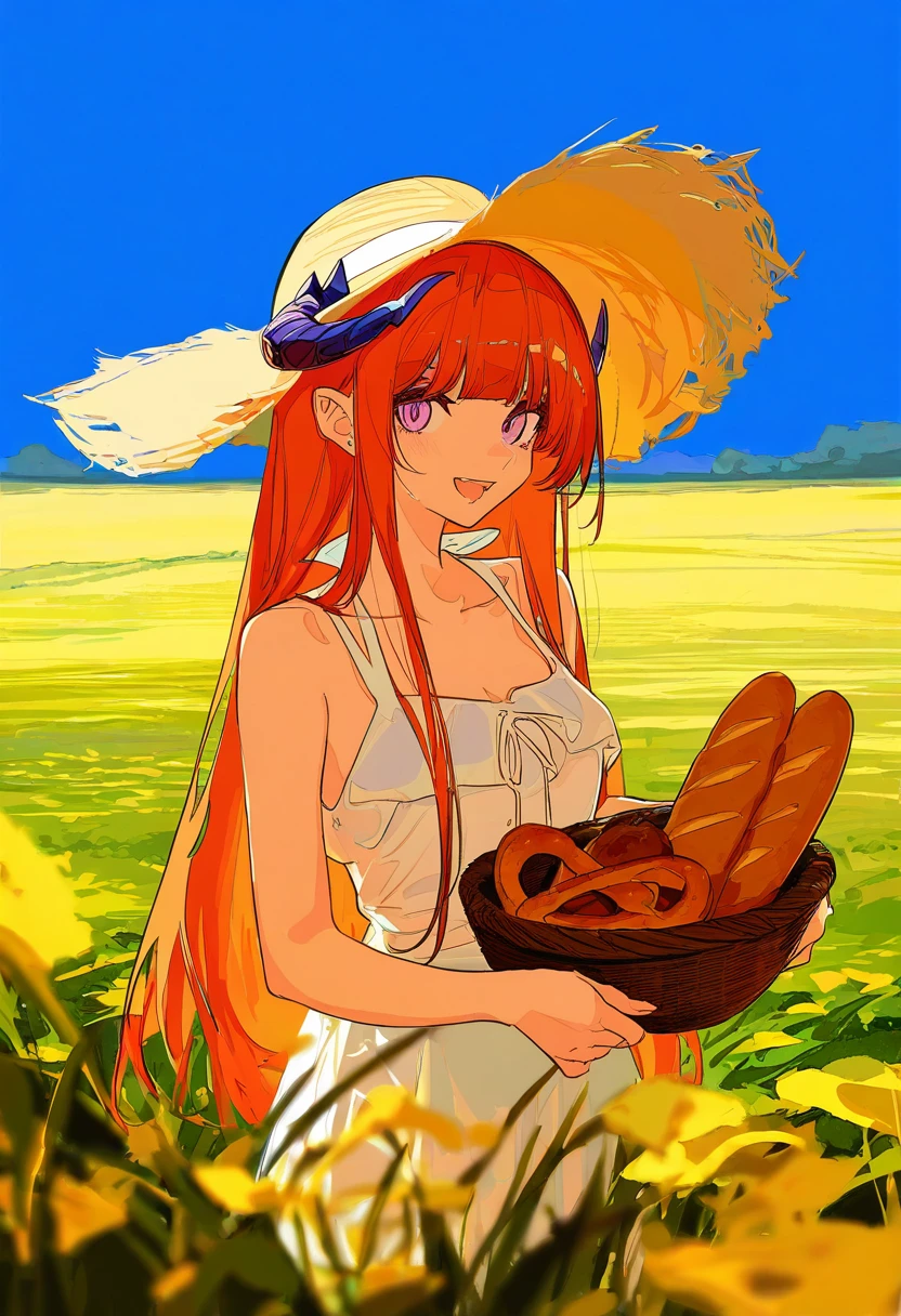 (rurudo,cogecha,ask \(askzy\)), - 1girl,bagpipe \(arknights\),arknights,baguette,blush,bread,croissant,holding basket,pretzel,upper body,straw hat,field,sky,laughing,sweat,sunlight,