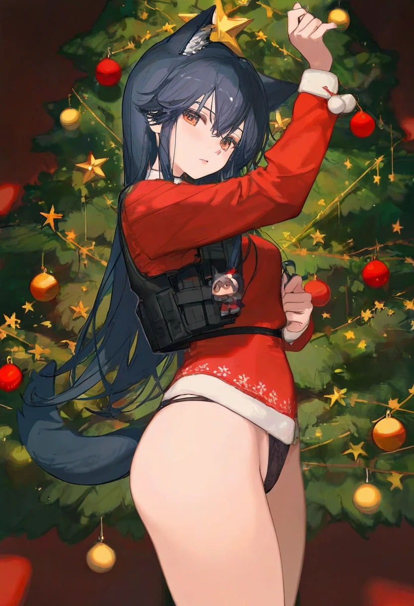(rosumerii),[ciloranko],[[ask \(askzy\)]], - 1girl,texas \(arknights\),arknights,underwear,tactical vest,christmas tree,christmas ornaments,