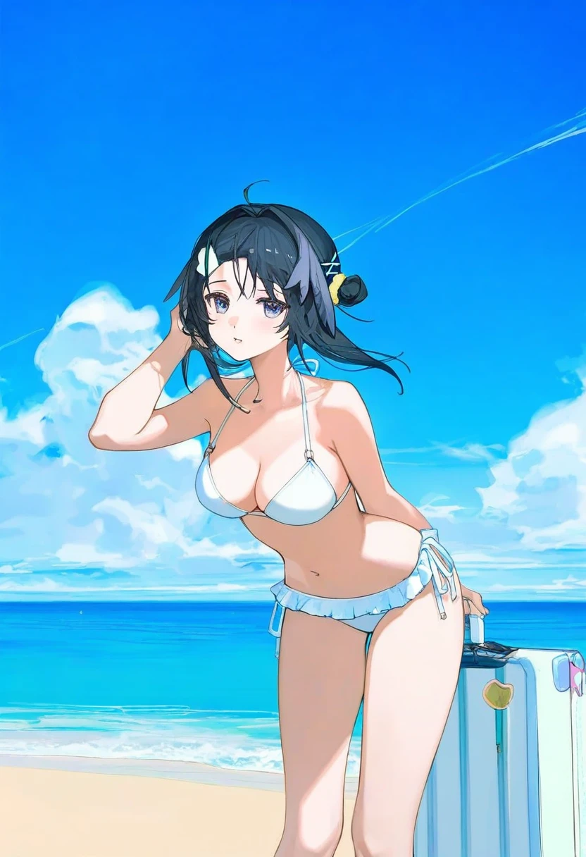 (rosumerii),[ciloranko],[[ask \(askzy\)]], - 1girl,la pluma \(summer flowers\) \(arknights\),arknights,white bikini,outdoors,navel,day,sky,blue sky,beach,suitcase,looking at viewer,ocean,low-tied long hair,leaning forward,standing,holding,frills,hand up,bare shoulders,floating hair,