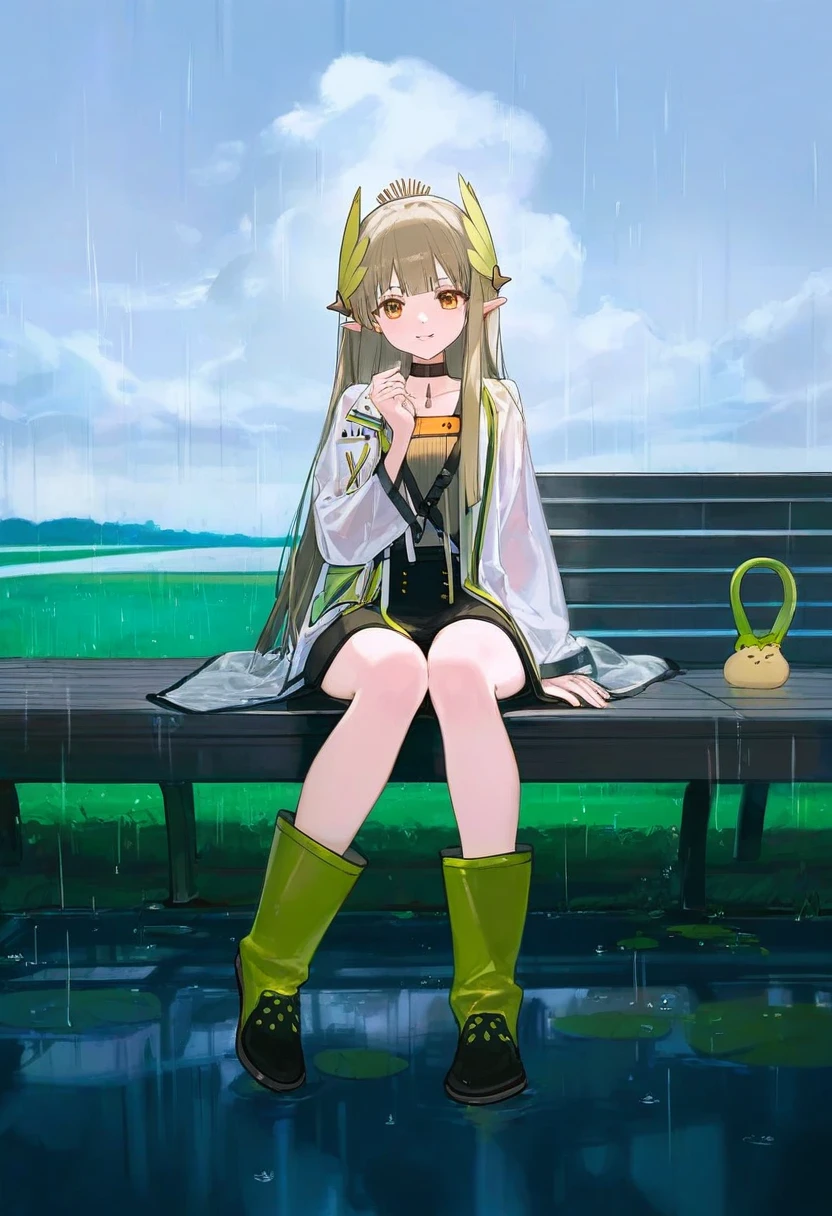 (rosumerii),[ciloranko],[[ask \(askzy\)]], - 1girl,muelsyse \(arknights\),arknights,cloudy sky,grass,on bench,outdoors,rain,road,yellow rubber boots,see-through coat,sitting,transparent raincoat,water drop,