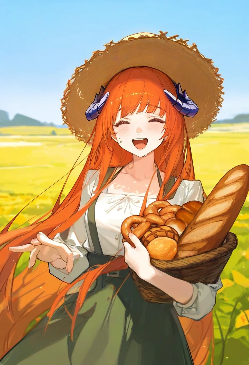 (rosumerii),[ciloranko],[[ask \(askzy\)]], - 1girl,bagpipe \(arknights\),arknights,baguette,blush,bread,croissant,holding basket,pretzel,upper body,straw hat,field,sky,laughing,sweat,sunlight,