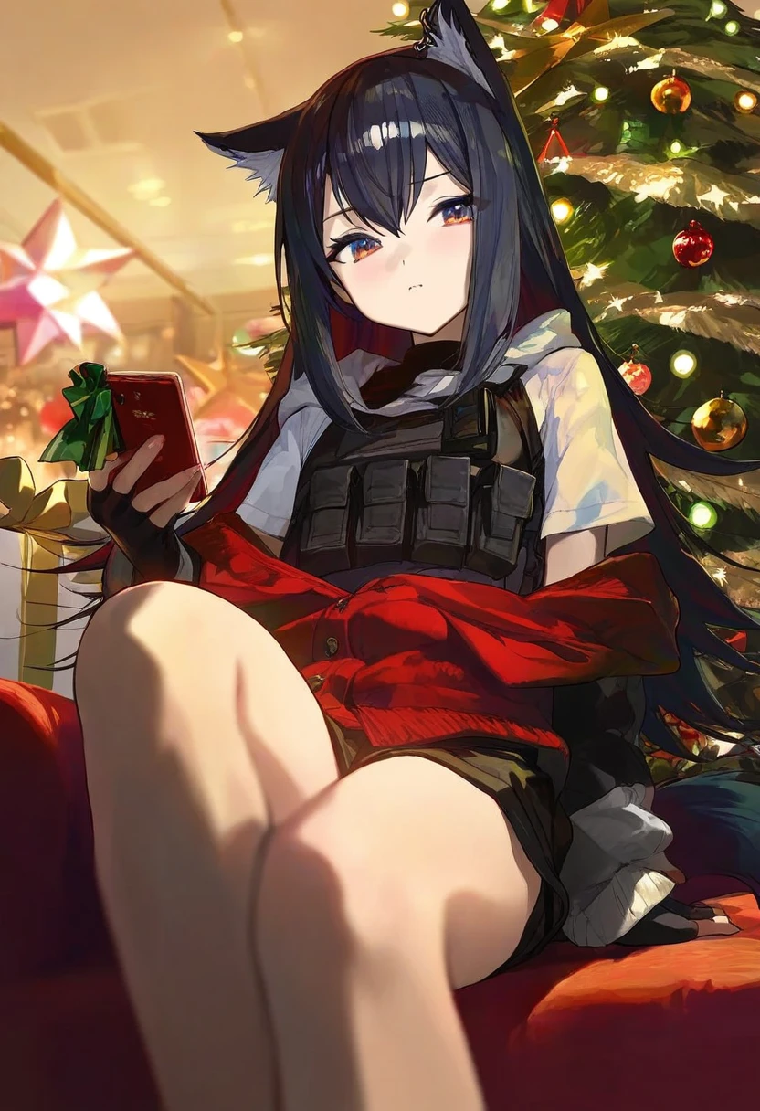 (shigure ui),[mika pikazo,fuzichoco,tianliang duohe fangdongye,modare,ningen mame], - 1girl,texas \(arknights\),arknights,underwear,tactical vest,christmas tree,christmas ornaments,