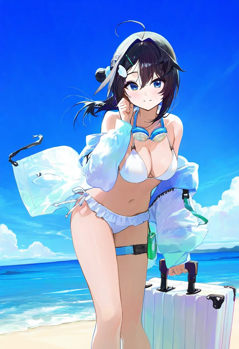 (shigure ui),[mika pikazo,fuzichoco,tianliang duohe fangdongye,modare,ningen mame], - 1girl,la pluma \(summer flowers\) \(arknights\),arknights,white bikini,outdoors,navel,day,sky,blue sky,beach,suitcase,looking at viewer,ocean,low-tied long hair,leaning forward,standing,holding,frills,hand up,bare shoulders,floating hair,