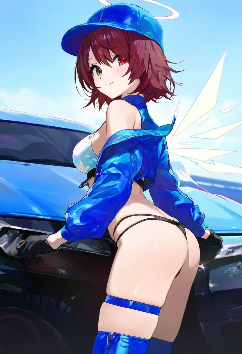 (shigure ui),[mika pikazo,fuzichoco,tianliang duohe fangdongye,modare,ningen mame], - 1girl,exusiai \(arknights\),arknights,black gloves,black panties,blue thigh boots,blue hat,blue jacket,long sleeves,race queen,thigh strap,thong,single bare shoulder,skindentation,tire,