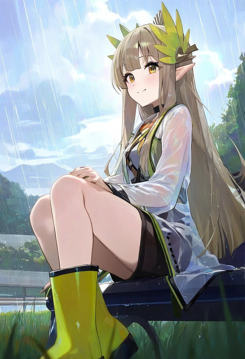 (shigure ui),[mika pikazo,fuzichoco,tianliang duohe fangdongye,modare,ningen mame], - 1girl,muelsyse \(arknights\),arknights,cloudy sky,grass,on bench,outdoors,rain,road,yellow rubber boots,see-through coat,sitting,transparent raincoat,water drop,