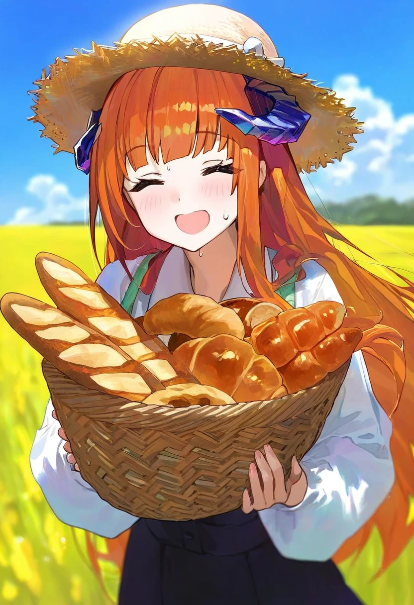 (shigure ui),[mika pikazo,fuzichoco,tianliang duohe fangdongye,modare,ningen mame], - 1girl,bagpipe \(arknights\),arknights,baguette,blush,bread,croissant,holding basket,pretzel,upper body,straw hat,field,sky,laughing,sweat,sunlight,