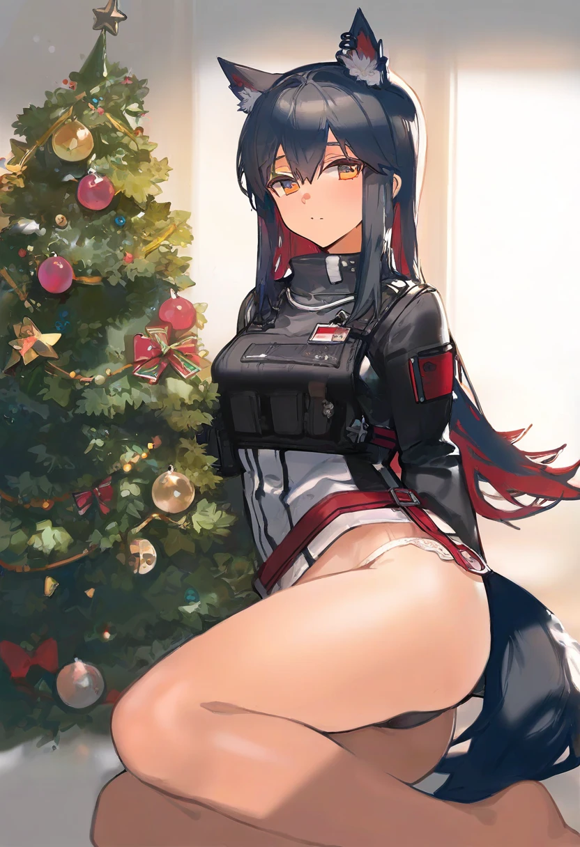 ((kishiyo)),[[ciloranko]], - 1girl,texas \(arknights\),arknights,underwear,tactical vest,christmas tree,christmas ornaments,