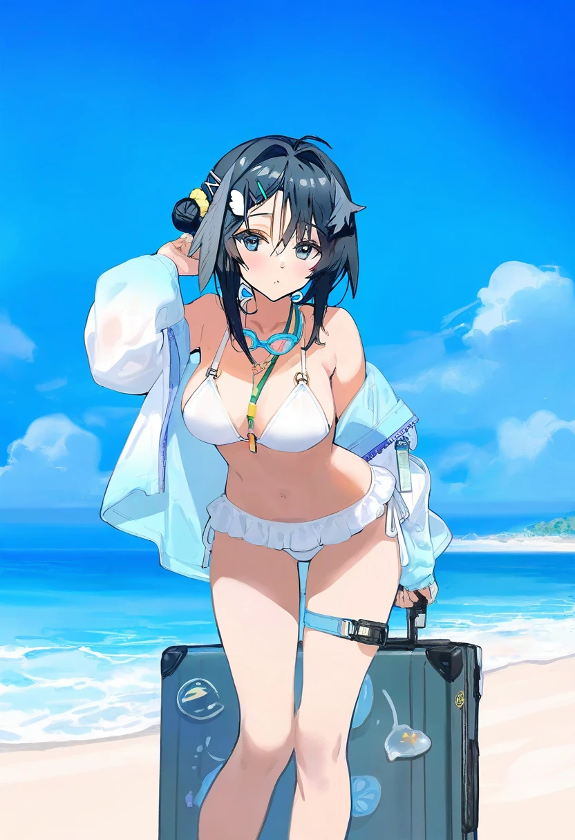 ((kishiyo)),[[ciloranko]], - 1girl,la pluma \(summer flowers\) \(arknights\),arknights,white bikini,outdoors,navel,day,sky,blue sky,beach,suitcase,looking at viewer,ocean,low-tied long hair,leaning forward,standing,holding,frills,hand up,bare shoulders,floating hair,