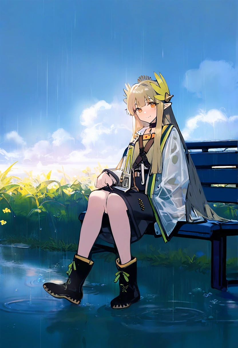 ((kishiyo)),[[ciloranko]], - 1girl,muelsyse \(arknights\),arknights,cloudy sky,grass,on bench,outdoors,rain,road,yellow rubber boots,see-through coat,sitting,transparent raincoat,water drop,