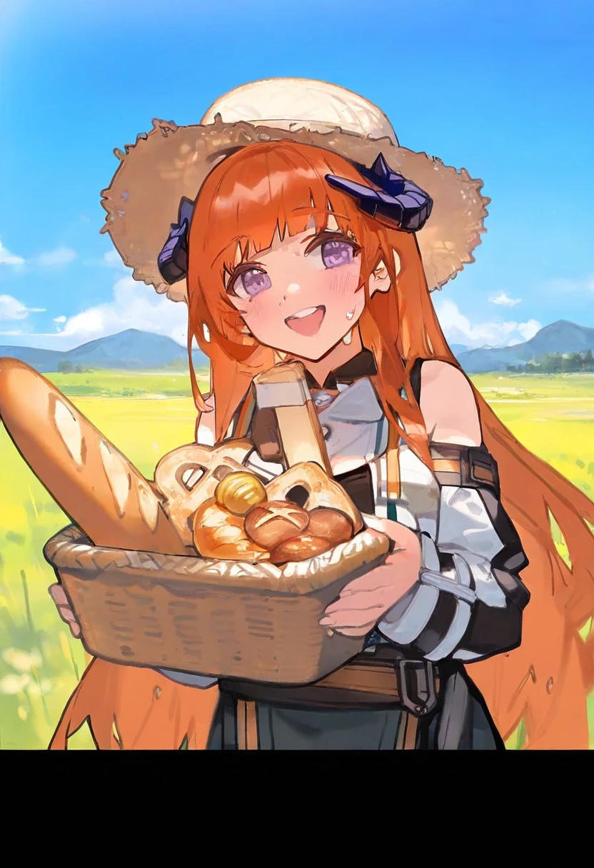 ((kishiyo)),[[ciloranko]], - 1girl,bagpipe \(arknights\),arknights,baguette,blush,bread,croissant,holding basket,pretzel,upper body,straw hat,field,sky,laughing,sweat,sunlight,