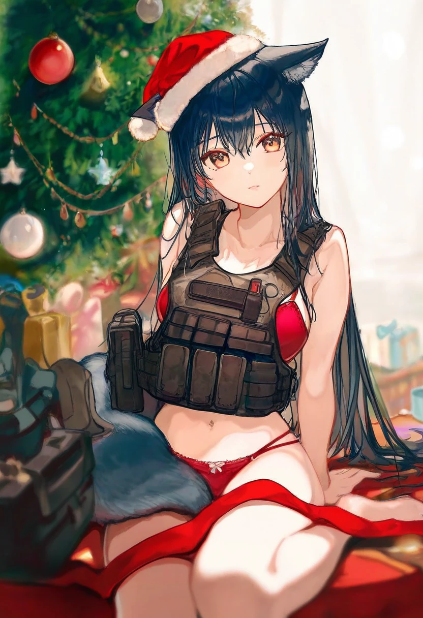 hiten,ao+beni,[marumoru],ciloranko, - 1girl,texas \(arknights\),arknights,underwear,tactical vest,christmas tree,christmas ornaments,