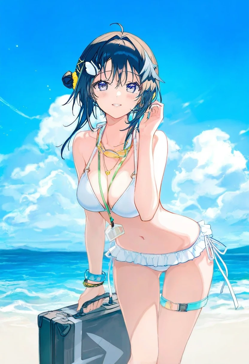 hiten,ao+beni,[marumoru],ciloranko, - 1girl,la pluma \(summer flowers\) \(arknights\),arknights,white bikini,outdoors,navel,day,sky,blue sky,beach,suitcase,looking at viewer,ocean,low-tied long hair,leaning forward,standing,holding,frills,hand up,bare shoulders,floating hair,