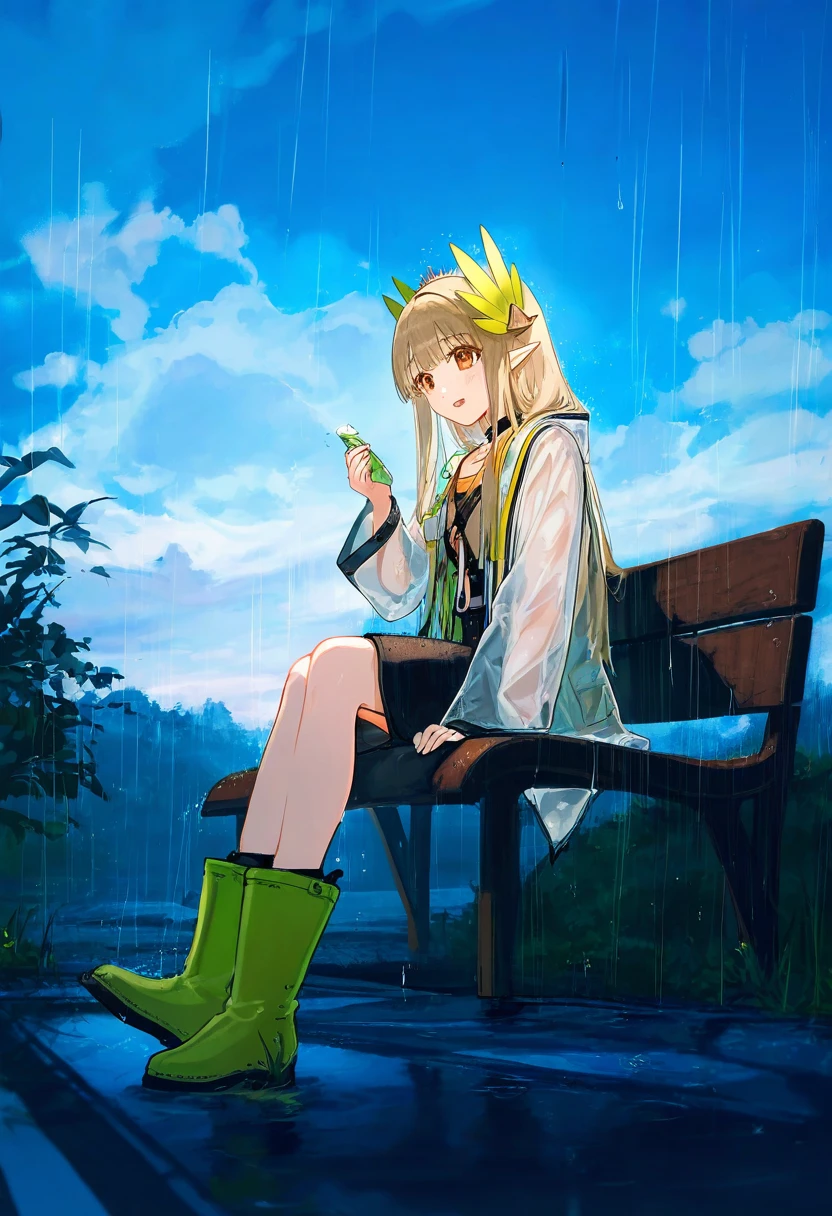 hiten,ao+beni,[marumoru],ciloranko, - 1girl,muelsyse \(arknights\),arknights,cloudy sky,grass,on bench,outdoors,rain,road,yellow rubber boots,see-through coat,sitting,transparent raincoat,water drop,