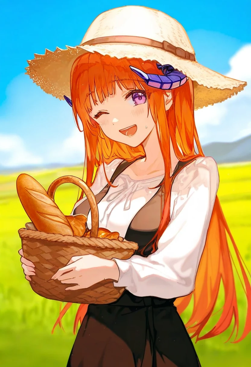 hiten,ao+beni,[marumoru],ciloranko, - 1girl,bagpipe \(arknights\),arknights,baguette,blush,bread,croissant,holding basket,pretzel,upper body,straw hat,field,sky,laughing,sweat,sunlight,