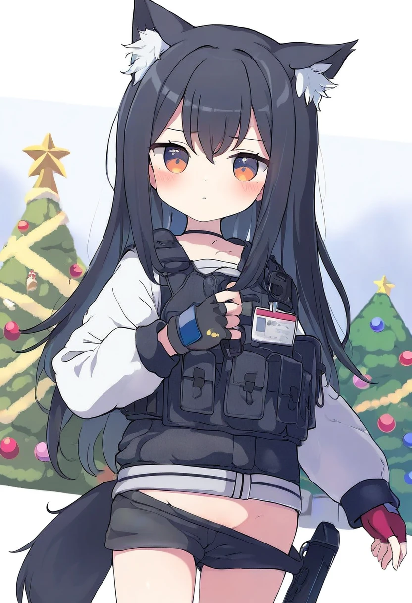 (sakura \(39ra\)),[[tyakomes],henreader,baku-p,daizu \(melon-lemon\),naga u,], - 1girl,texas \(arknights\),arknights,underwear,tactical vest,christmas tree,christmas ornaments,