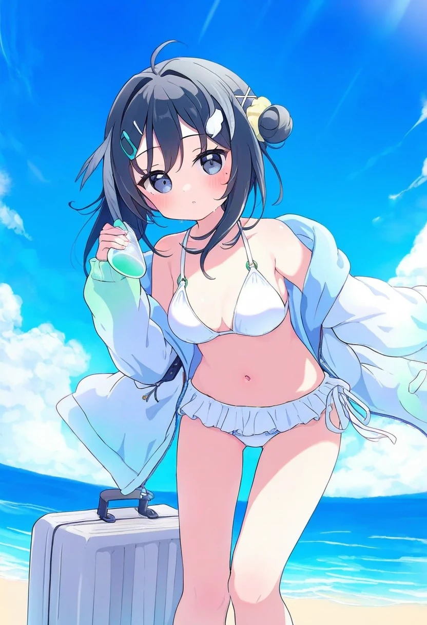 (sakura \(39ra\)),[[tyakomes],henreader,baku-p,daizu \(melon-lemon\),naga u,], - 1girl,la pluma \(summer flowers\) \(arknights\),arknights,white bikini,outdoors,navel,day,sky,blue sky,beach,suitcase,looking at viewer,ocean,low-tied long hair,leaning forward,standing,holding,frills,hand up,bare shoulders,floating hair,