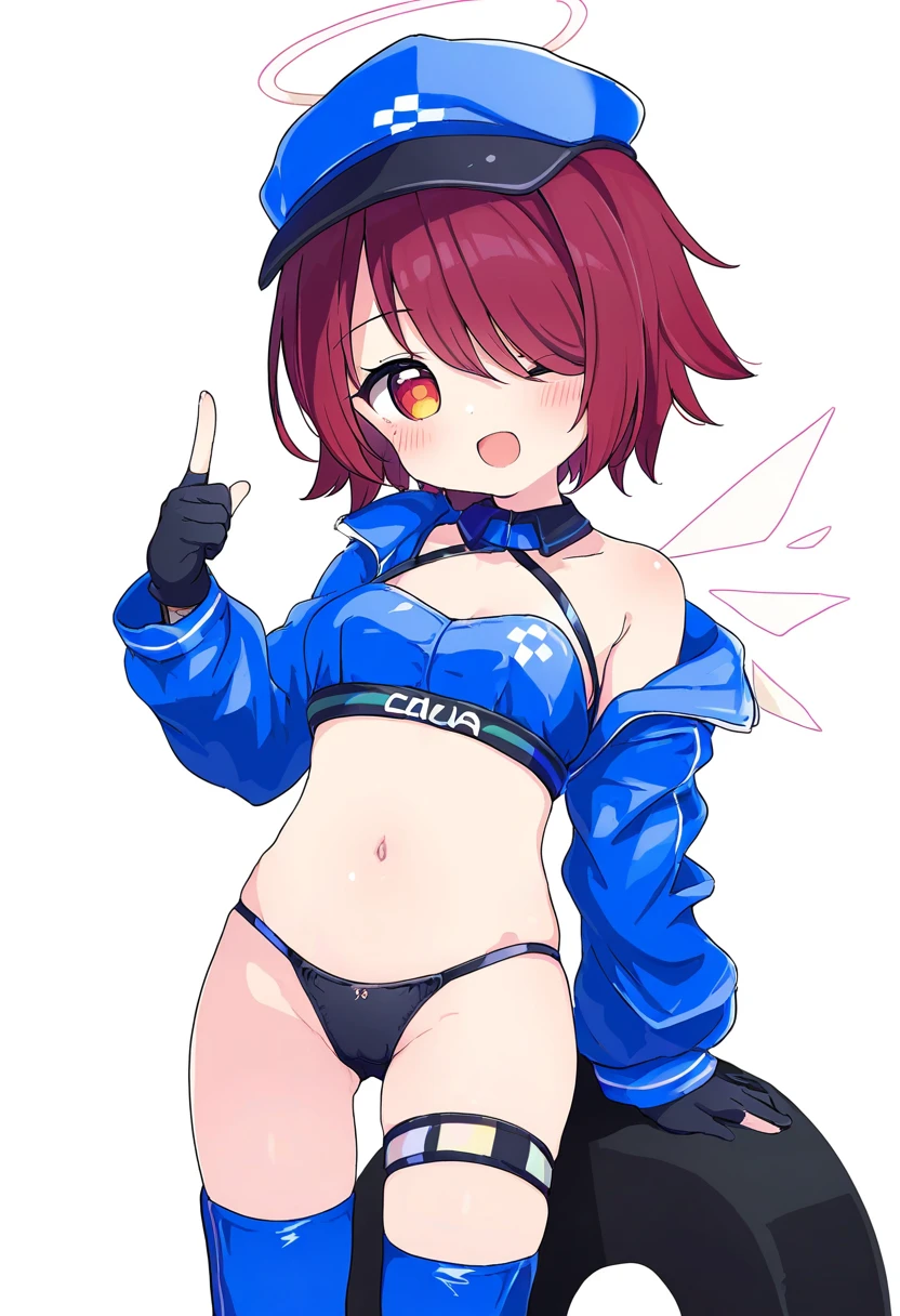 (sakura \(39ra\)),[[tyakomes],henreader,baku-p,daizu \(melon-lemon\),naga u,], - 1girl,exusiai \(arknights\),arknights,black gloves,black panties,blue thigh boots,blue hat,blue jacket,long sleeves,race queen,thigh strap,thong,single bare shoulder,skindentation,tire,