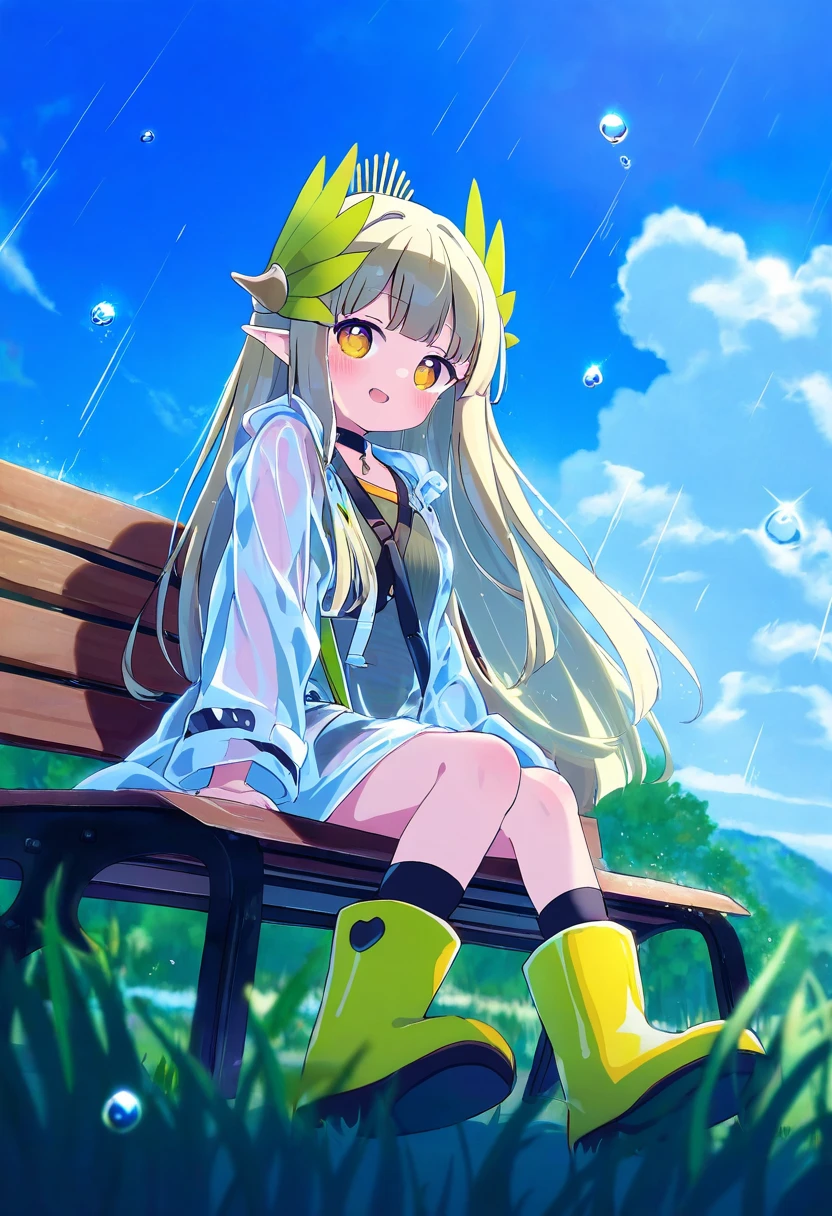 (sakura \(39ra\)),[[tyakomes],henreader,baku-p,daizu \(melon-lemon\),naga u,], - 1girl,muelsyse \(arknights\),arknights,cloudy sky,grass,on bench,outdoors,rain,road,yellow rubber boots,see-through coat,sitting,transparent raincoat,water drop,