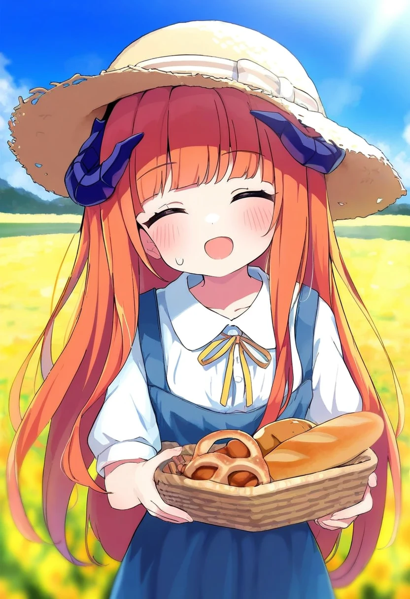 (sakura \(39ra\)),[[tyakomes],henreader,baku-p,daizu \(melon-lemon\),naga u,], - 1girl,bagpipe \(arknights\),arknights,baguette,blush,bread,croissant,holding basket,pretzel,upper body,straw hat,field,sky,laughing,sweat,sunlight,