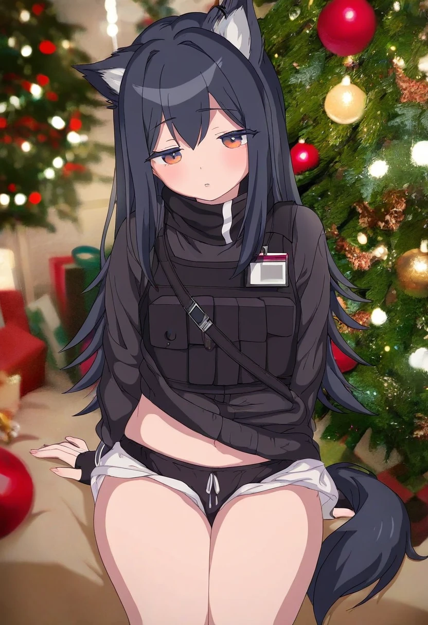 [[piyodera mucha]],henreader,eufoniuz, - 1girl,texas \(arknights\),arknights,underwear,tactical vest,christmas tree,christmas ornaments,